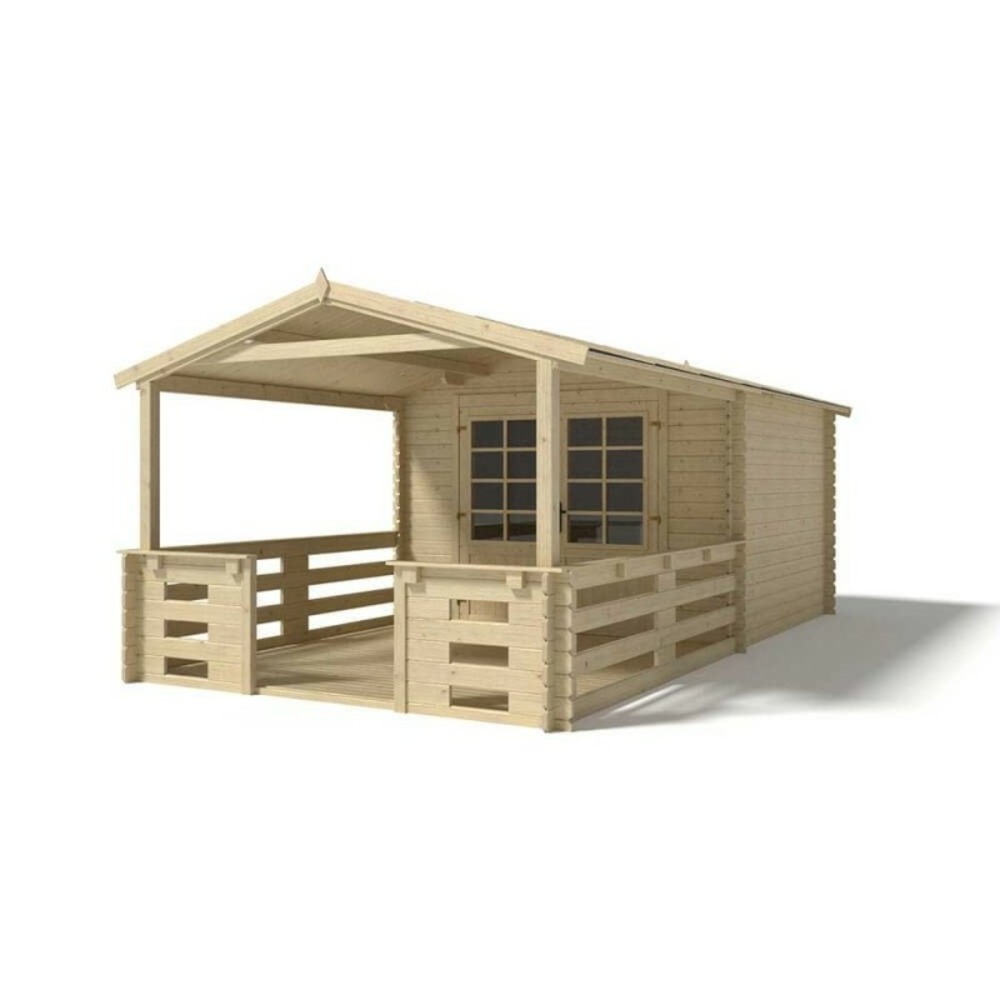 Abri de jardin en bois - 3x4 m - 21 m2 + terrasse avec balustrade et avant-toit en bois