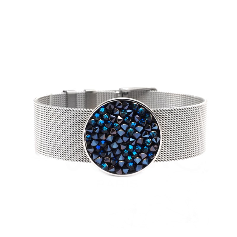Bracelet réglable en acier argenté ornée de cristaux Swarovski avec pierre Crystal bleu