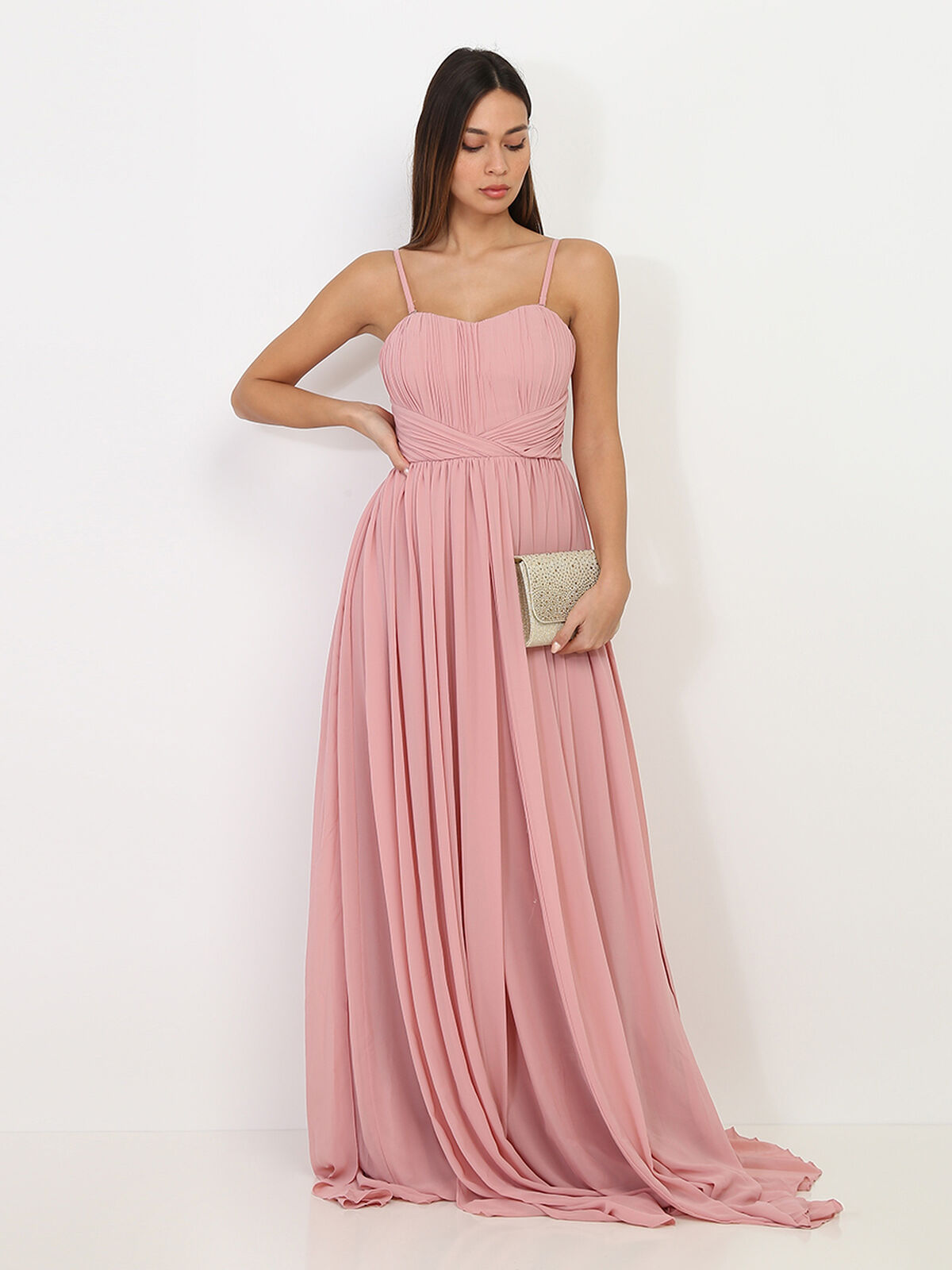 Robe longue bustier drapée- Vieux rose