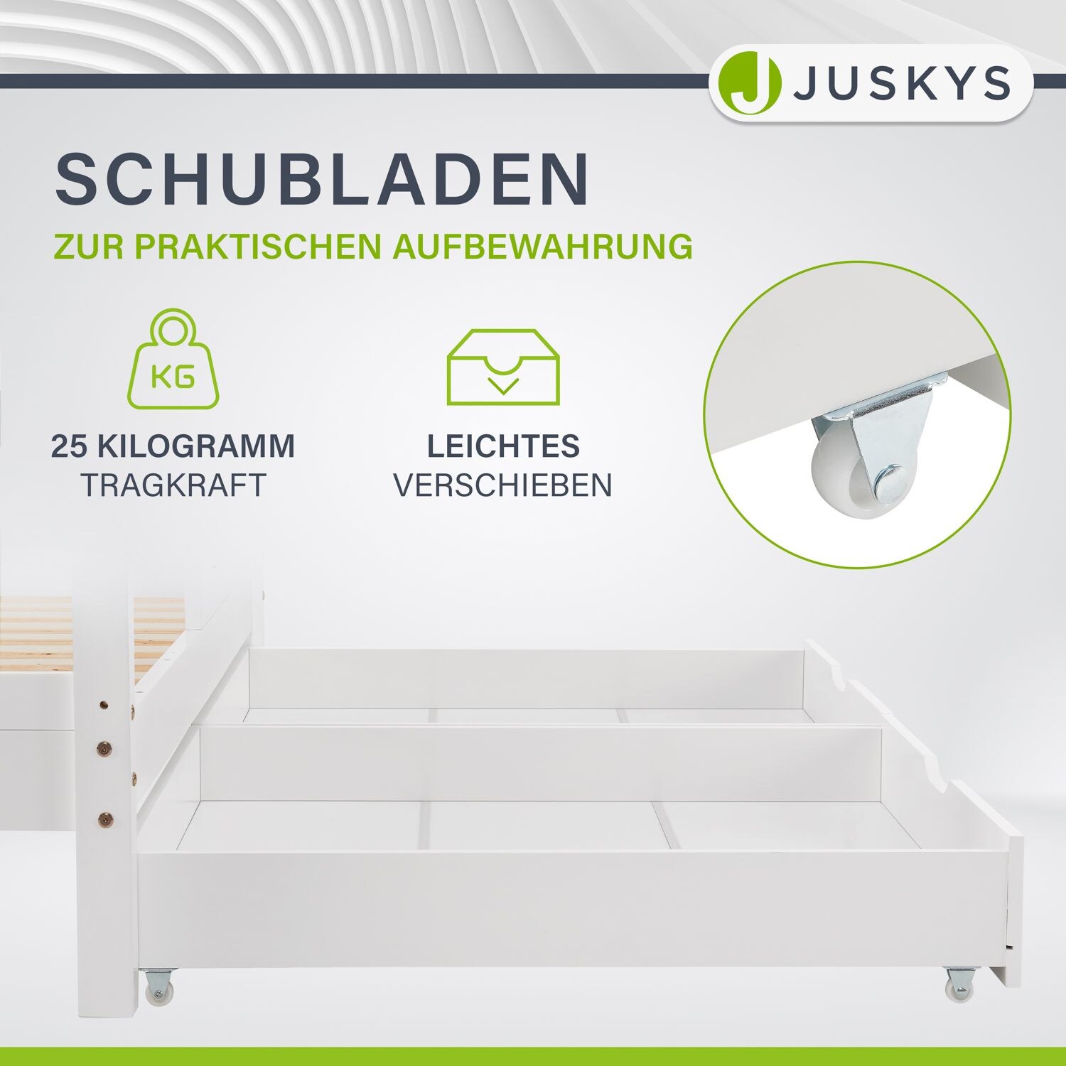 Juskys Kinderbett Marli 90 x 200 cm mit Bettkasten, Gitter, Lattenrost & Dach - Holz Hausbett Weiß