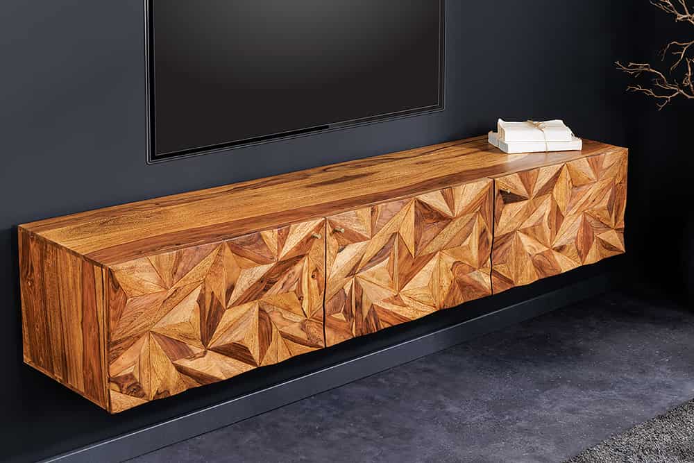 Hängendes TV-Lowboard ALPINE 160cm braun Sheesham Massivholz stone finish Metall gold