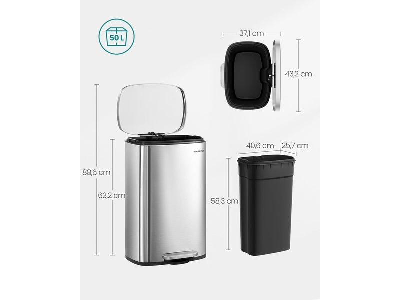 Songmics Abfalleimer 50 l, Silber Stylischer Treteimer
