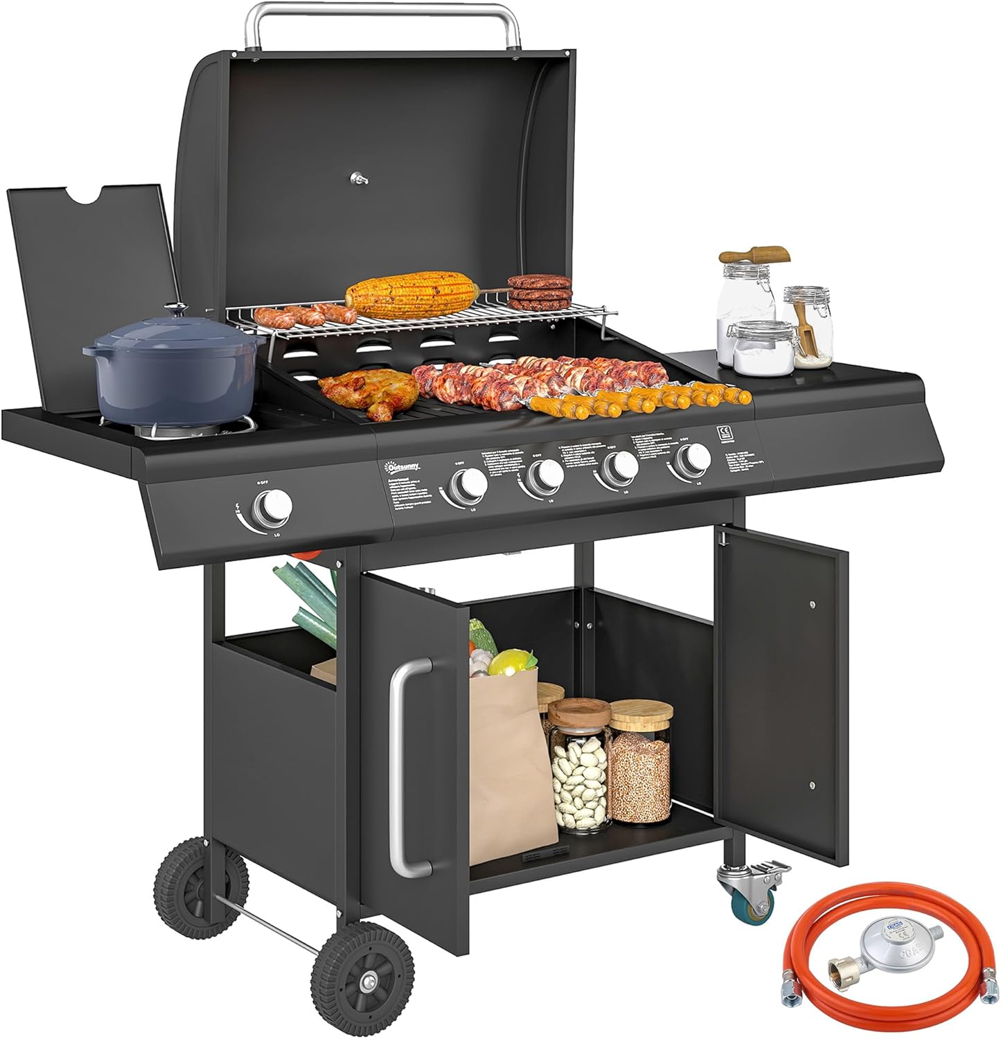 Outsunny Gasgrill 15,2 KW BBQ Gartengrill inkl 5 Edelstahl-Brenner Seitenkocher Rolle Gasschlauch Druckminderer Deckel Seitenablage Thermometer, Grillwagen für Grill, Balkon, 129,5 x 56 x 110 cm