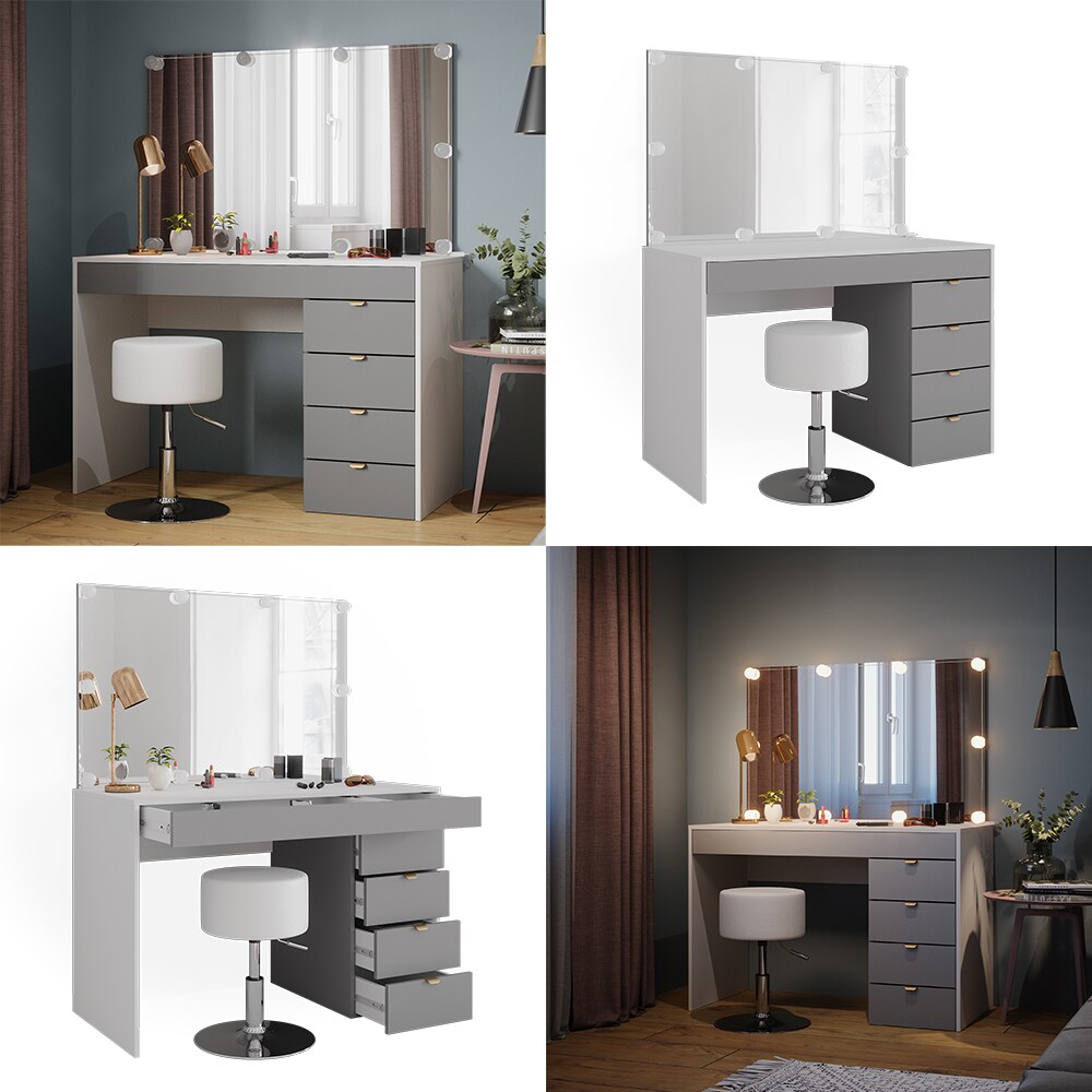 Vicco Schminktisch Elise Weiß Grau 115 x 76 cm modern Frisiertisch Schubladen Spiegel Hocker LED-Beleuchtung