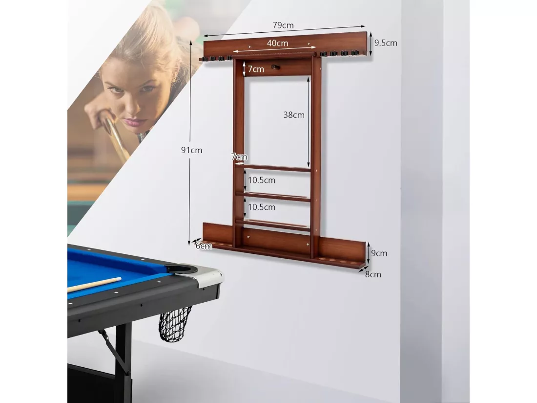 Porte-Queues de Billard Mural, Support de Billard 8 Queues et Rainures à 3 Niveaux 15 Porte-balles, 1 Porte-boules en Bois de Pin pour Salle de Billard, Club (Marron)