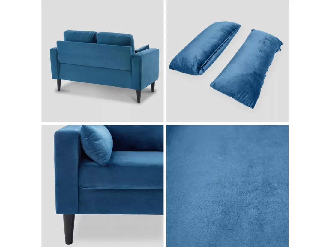 Canapé en velours bleu- Bjorn - Canapé 2 places fixe droit pieds bois style scandinave