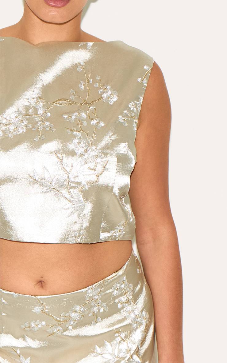 Pastel Green Top Court Col Nageur Brodé Floral Grande Taille Coordonné