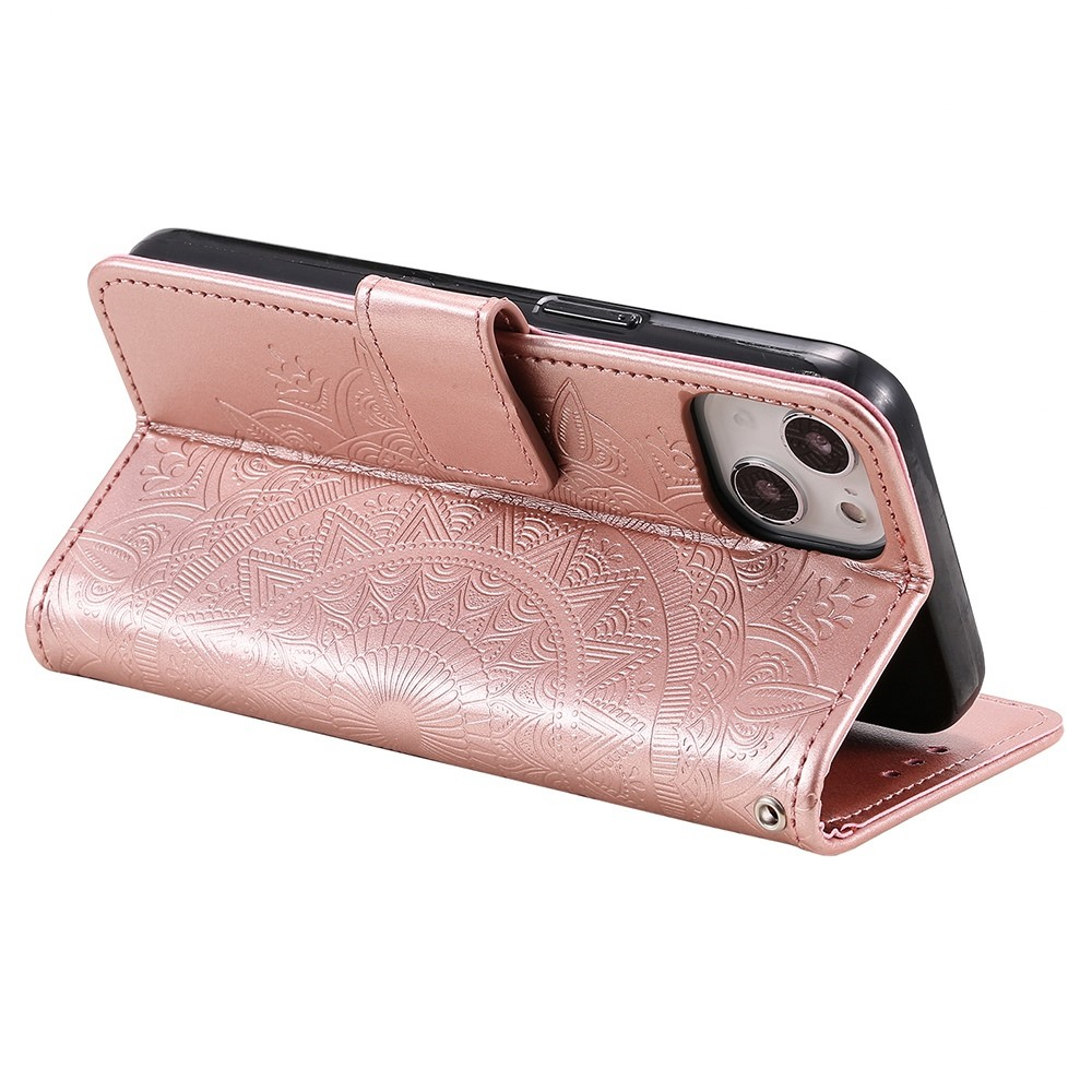 iPhone 14 Leder Tasche Wallet - Mandala Flowers Imprint - Roségold