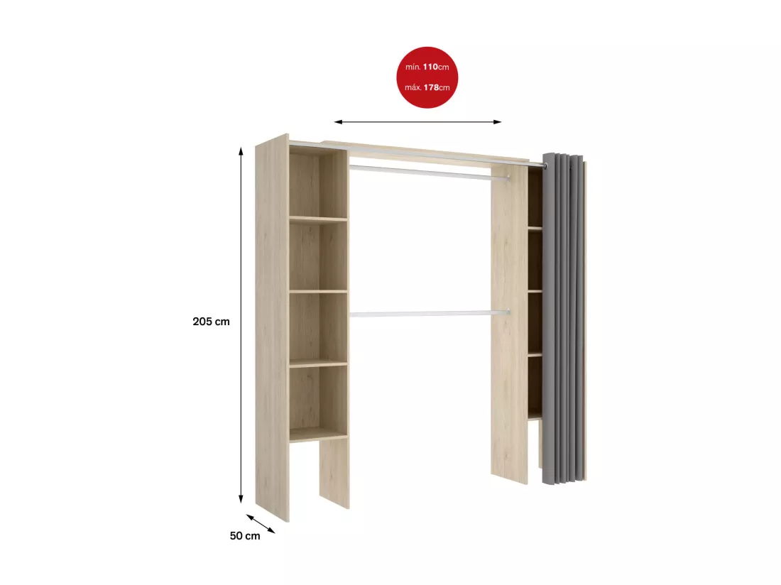 Grande Garde-robe Dyoun, Meubles de chambre, Penderie de plain-pied, Placard à vêtements, 180x50 h205 cm, Chêne clair