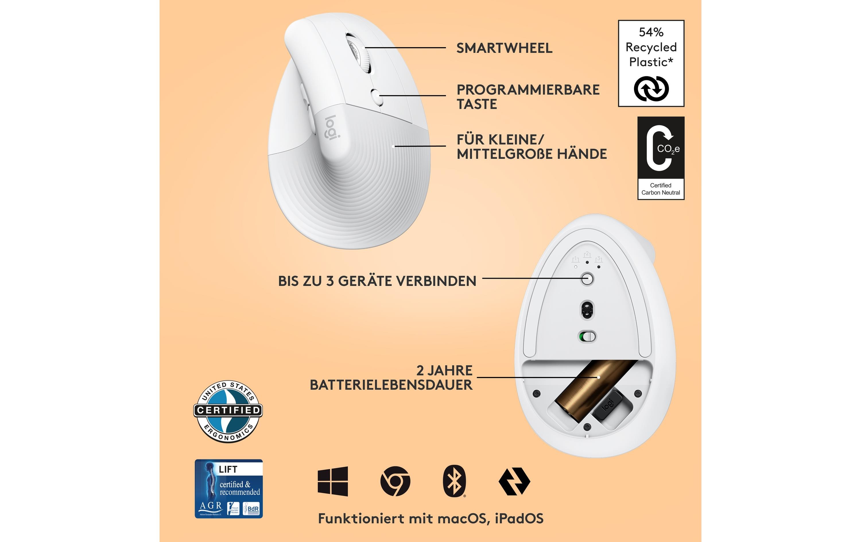 Ergonomische Maus Lift Off-whiteKomfortable ergonomische Maus mit vertikalem Design für kleine bis mittelgrosse Hände