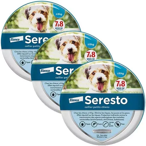 Coleira antipulgas e carrapatos Seresto para cães de pequeno porte - 8 kg x 3 unidades