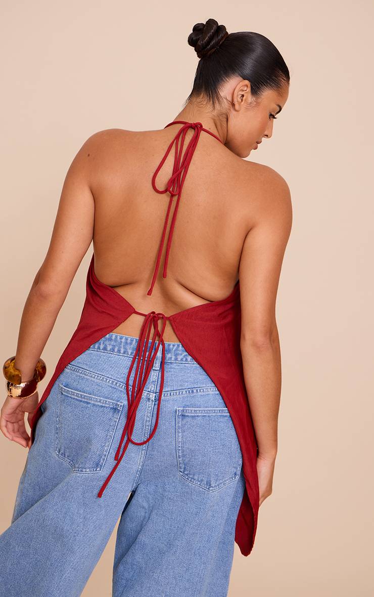 Rouge Profond Haut À Bretelles Spaghetti Fendu Fluide Tissé Grande Taille Coordonné