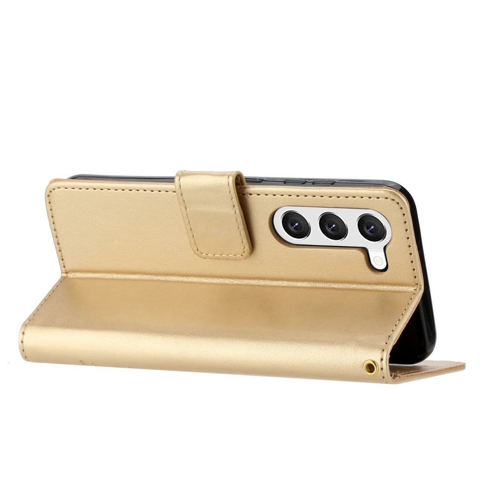 Samsung Galaxy S23 5G Leder Tasche mit Kartenfach   Handschlaufe Butterfly Flowers - Gold