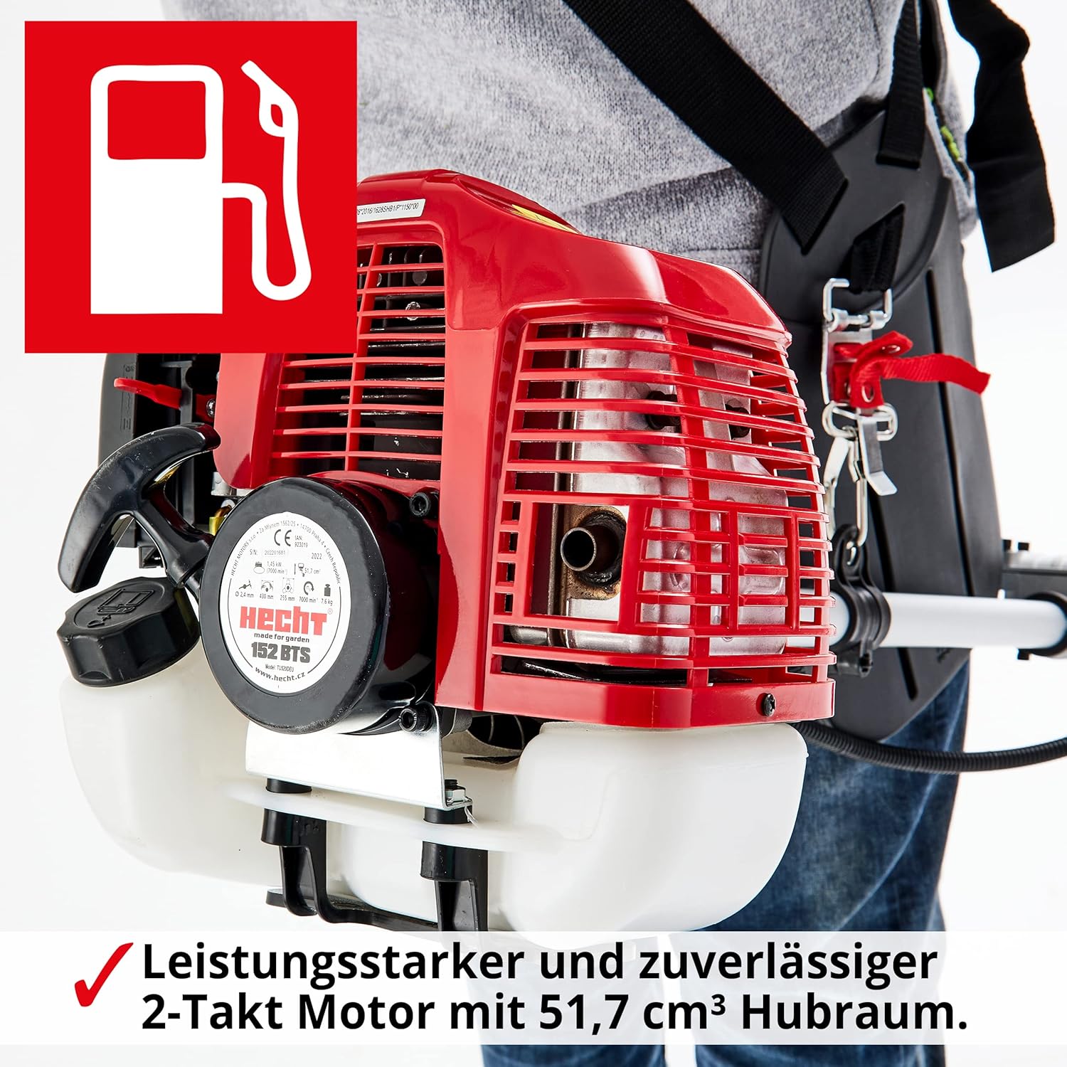 HECHT Rasentrimmer Benzin - Freischneider Benzin mit 2-Takt-Motor – 43 cm und 25,5 cm Schnittkreis – Mit Doppel Faden Spule und Metallmesser, Komfort-Tragegurt, Lenkradgriff Rot