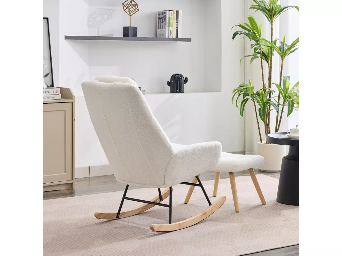 Fauteuil à bascule、Rocking chair en tissu teddy - avec appui-tête et repose-pieds - Blanc
