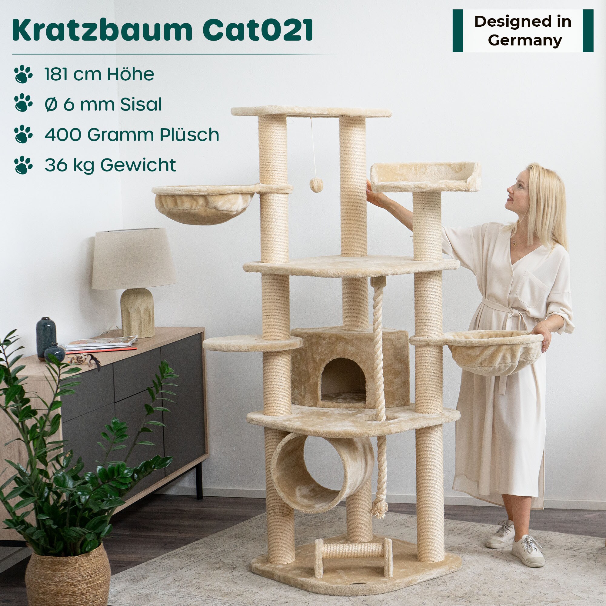 HAPPYPET Kratzbaum für Katzen groß 181 cm hoch - Stabiler Kletterbaum Katzenbaum, dicke Stämme mit 11 cm, Haus & Spieltunnel, große Liegemulden, Spietau mit Kratzrolle | Beige