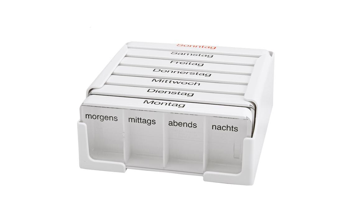 Wochenpillenspender Medi-7 mit 4 Fächern pro Tag weiss DEMedikamentenbox mit 7 einzeln entnehmbaren Tagesdosen