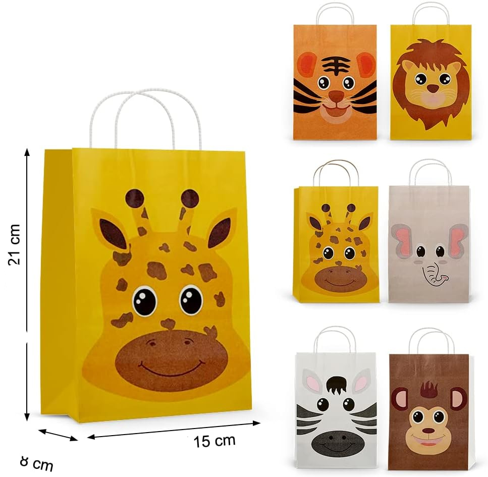 (6er Set) 21x15cm Bunte Kinder Papiertüten Candy Gift Bags Geburtstags Mitbringsel Geschenktasche - Dschungel Tiere