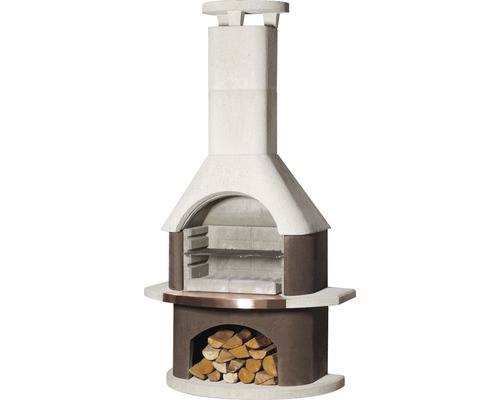 Buschbeck barbecuehaard 65 x 110 x 206 cm, beton, staal, wit/bruin, verchroomd stalen grillrooster, inclusief plank en grillrooster