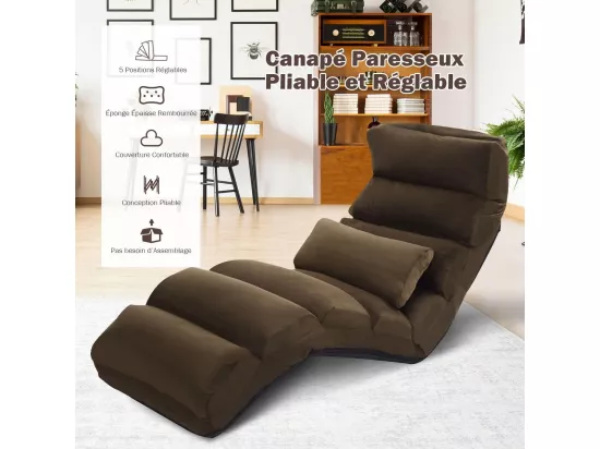 Fauteuil Relax Salon en Faux Daim Pliable, Réglable sur 5 Positions Chaise de Relaxation Rembourrée Fauteuil Sol pour Salon, Mobilier de Bureau, Chambre, Marron