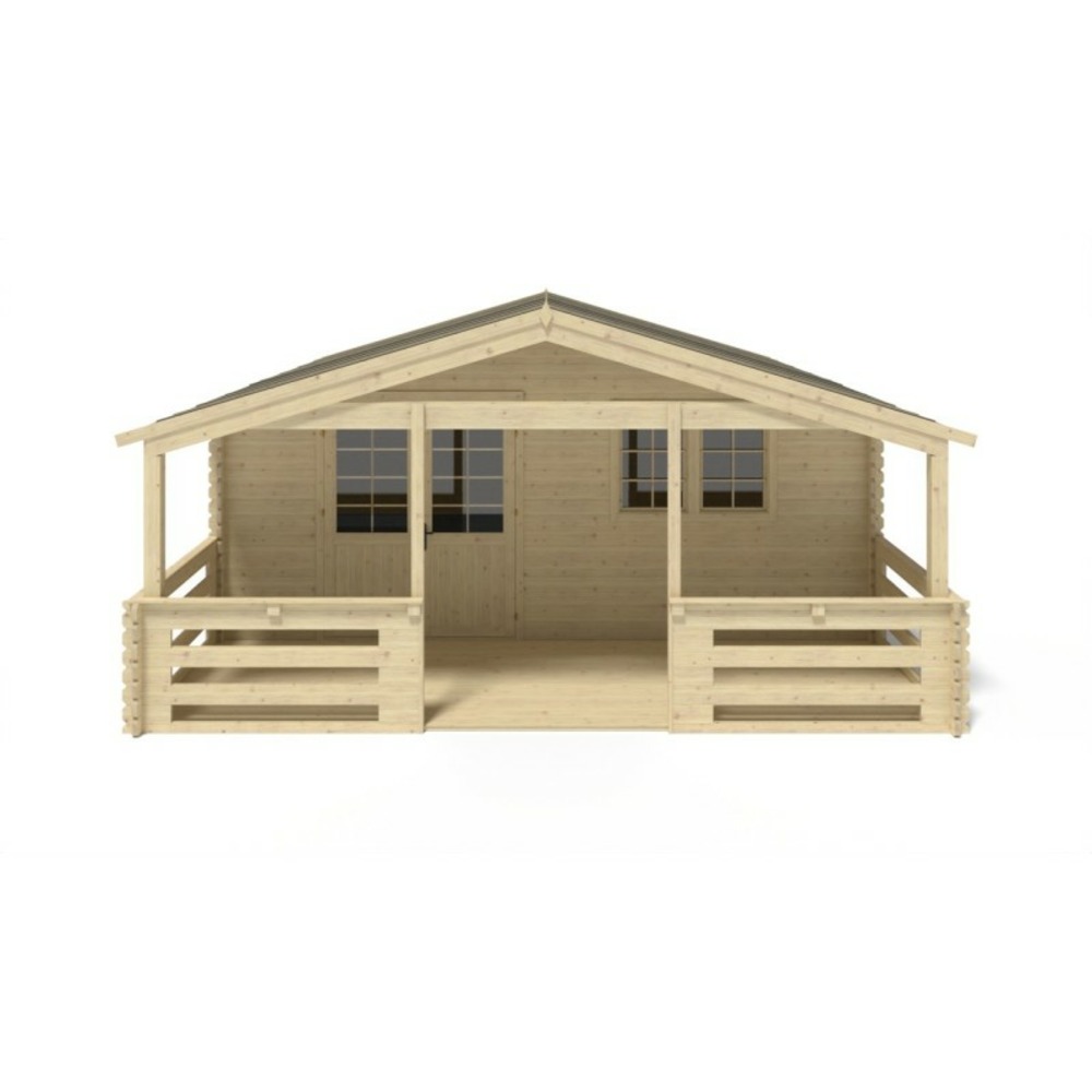 Abri de jardin en bois - 6x5 m - 42 m2 + terrasse avec balustrade et avant-toit en bois