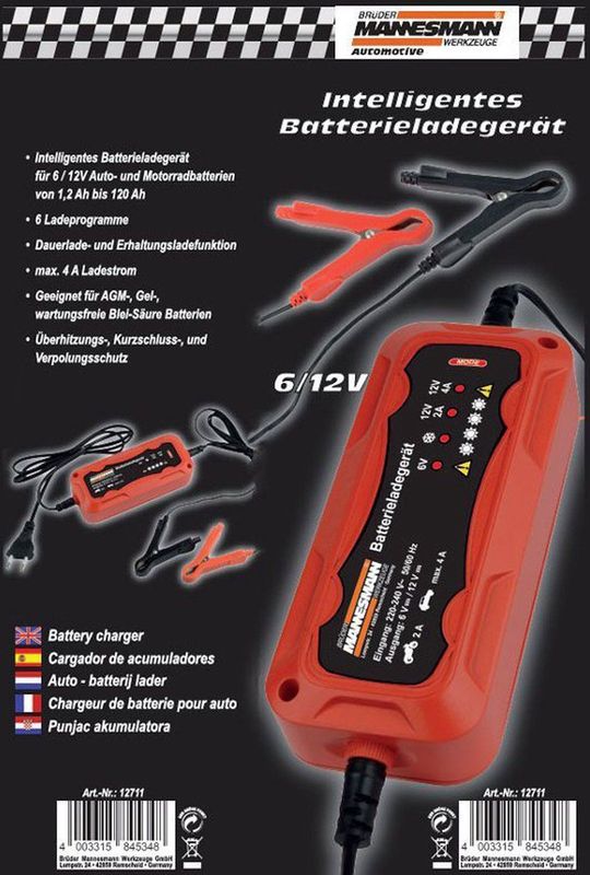 Brüder Mannesmann - Acculader - 6 en 12 Volt - 4,0 Ah - Intelligente laadmodi