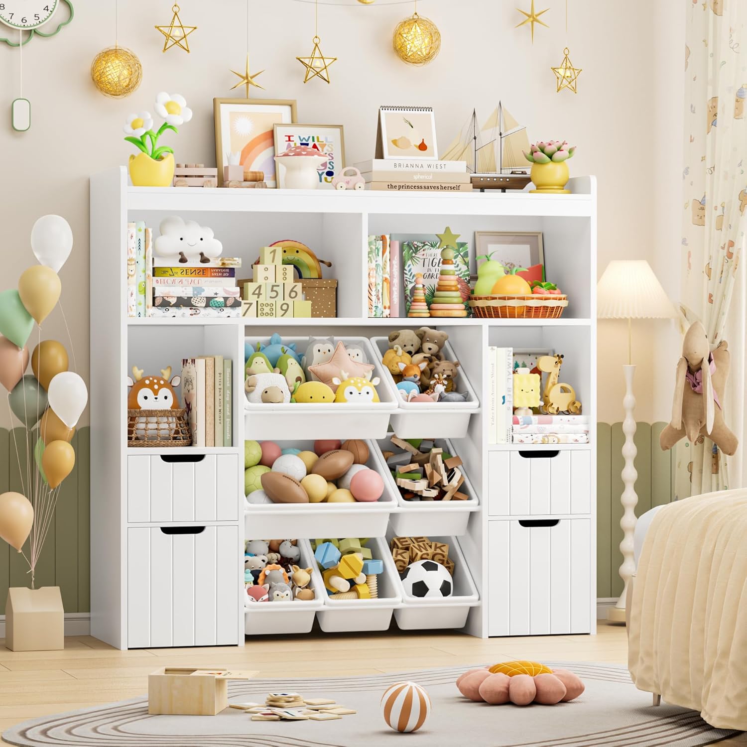 HOCSOK Kinderregal mit Boxen auf Rollen, Kinderbücherregal mit 4 Ablagefächern, Spielzeugregal Kinderzimmer für Schlafzimmer Kindergarten, Weiß, 122x118x30cm