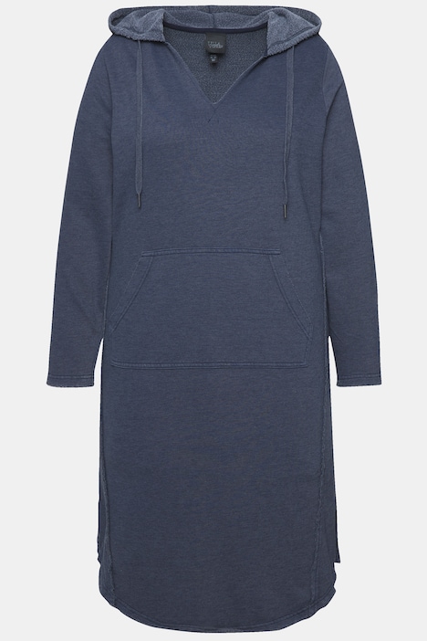 Sweatkleid, offenkantig, Kapuze, V-Ausschnitt, Langarm