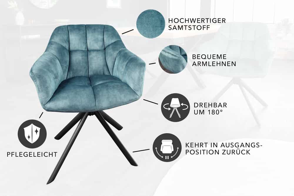 Drehbarer Stuhl PAPILLON petrol Samt schwarze Metallbeine Armlehnen