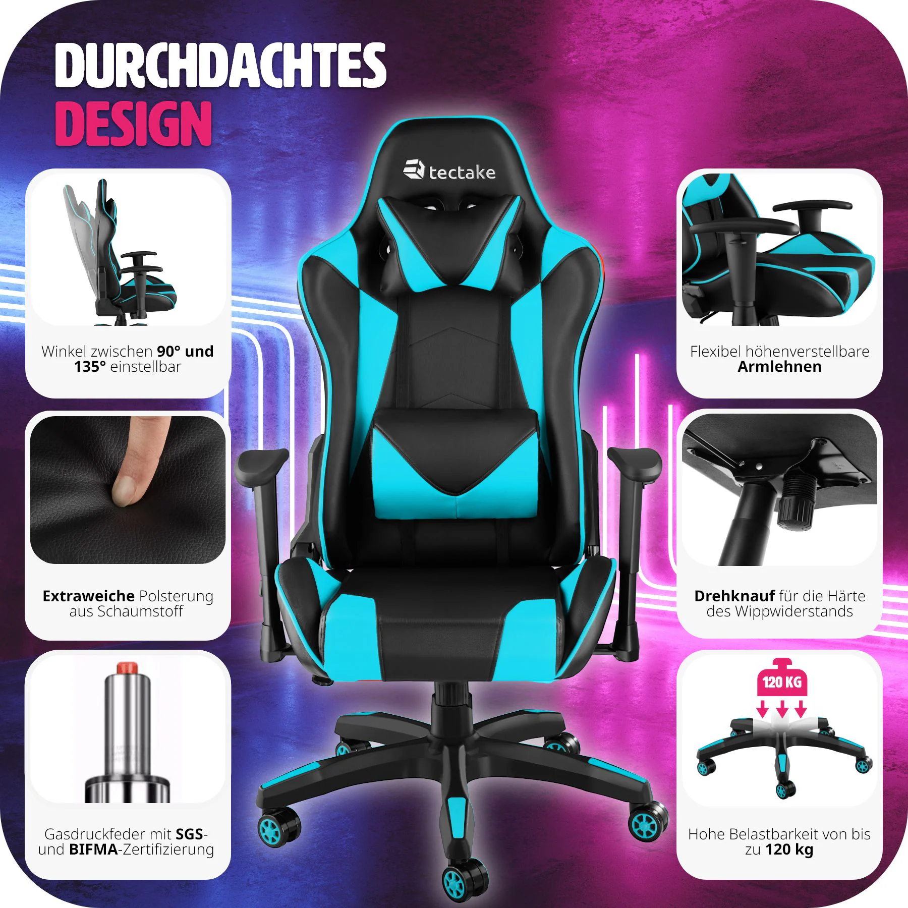 tectake® Racing Gaming Stuhl, ergonomische Form, mit verstellbarer Rückenlehne, Kunstlederbezug, abnehmbares Nacken- und Lendenkissen, Belastbarkeit 120 kg