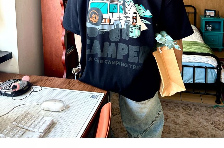 SeoulPop - T-shirt met korte mouwen en autoprint, losvallend