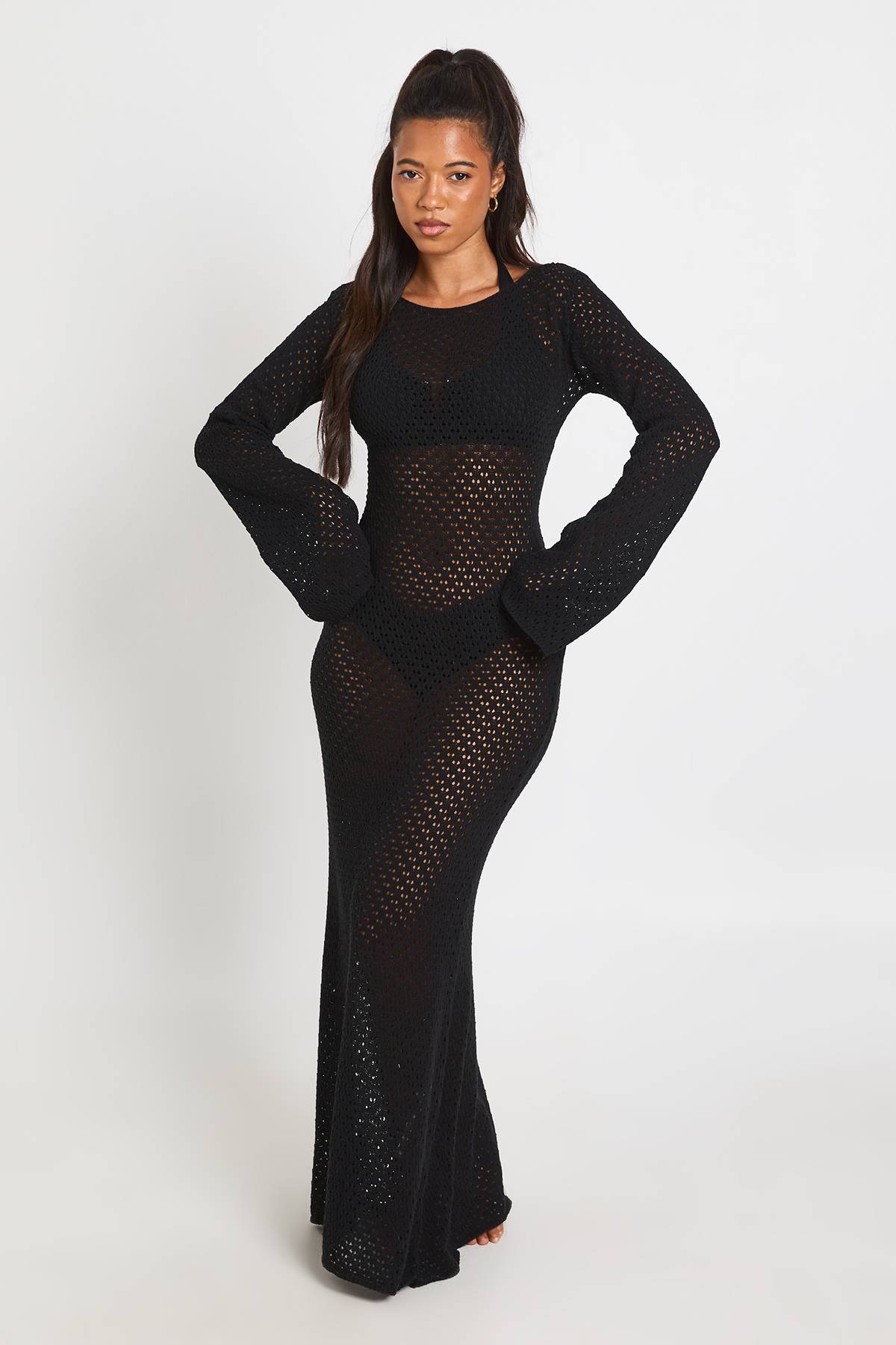 boohoo Robe De Plage Longue En Crochet À Manches Longues