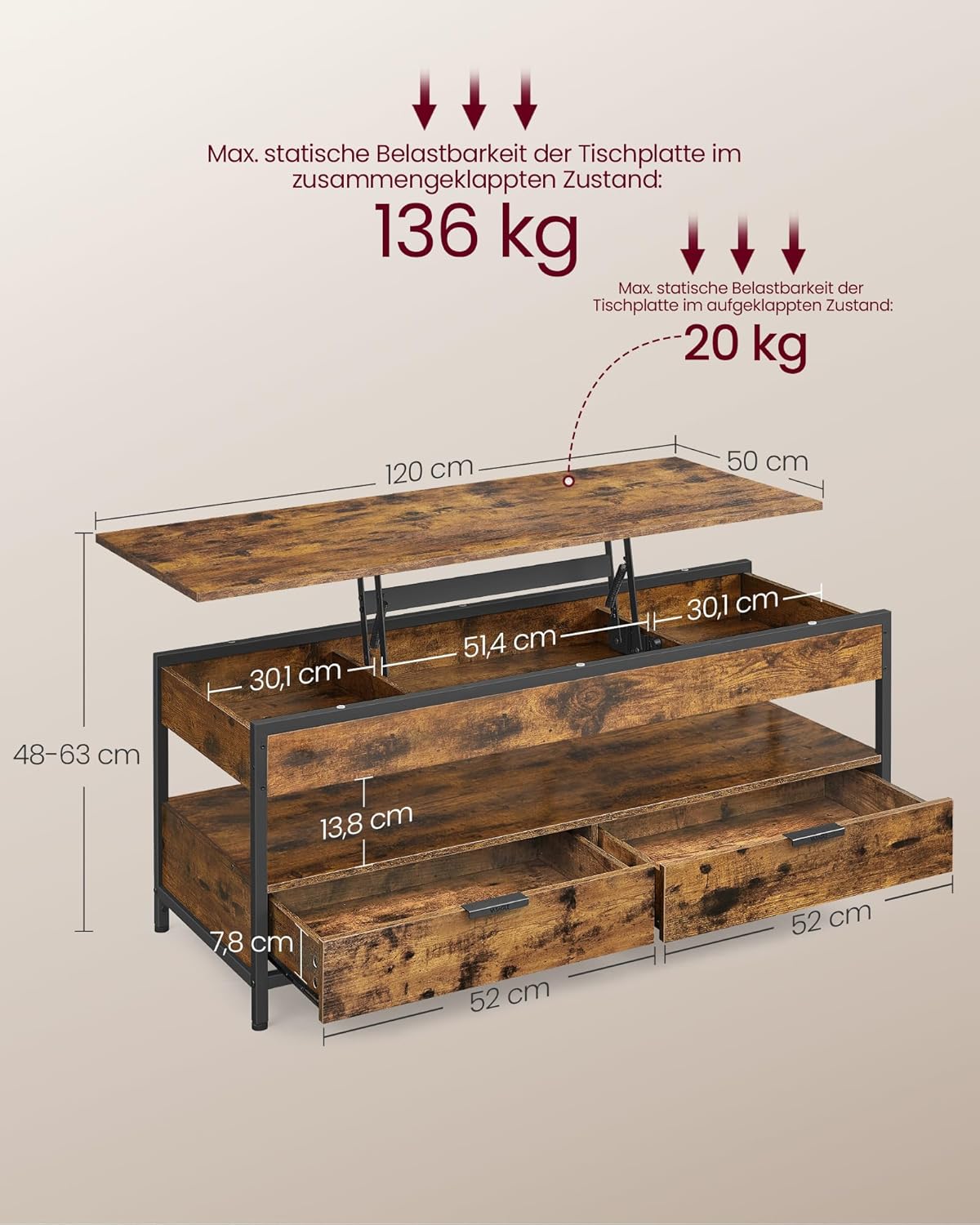 VASAGLE Couchtisch, höhenverstellbarer Wohnzimmertisch, Kaffeetisch, mit Schubladen, offenes Fach, 50 x 120 cm, vintagebraun-tintenschwarz LCT252K01