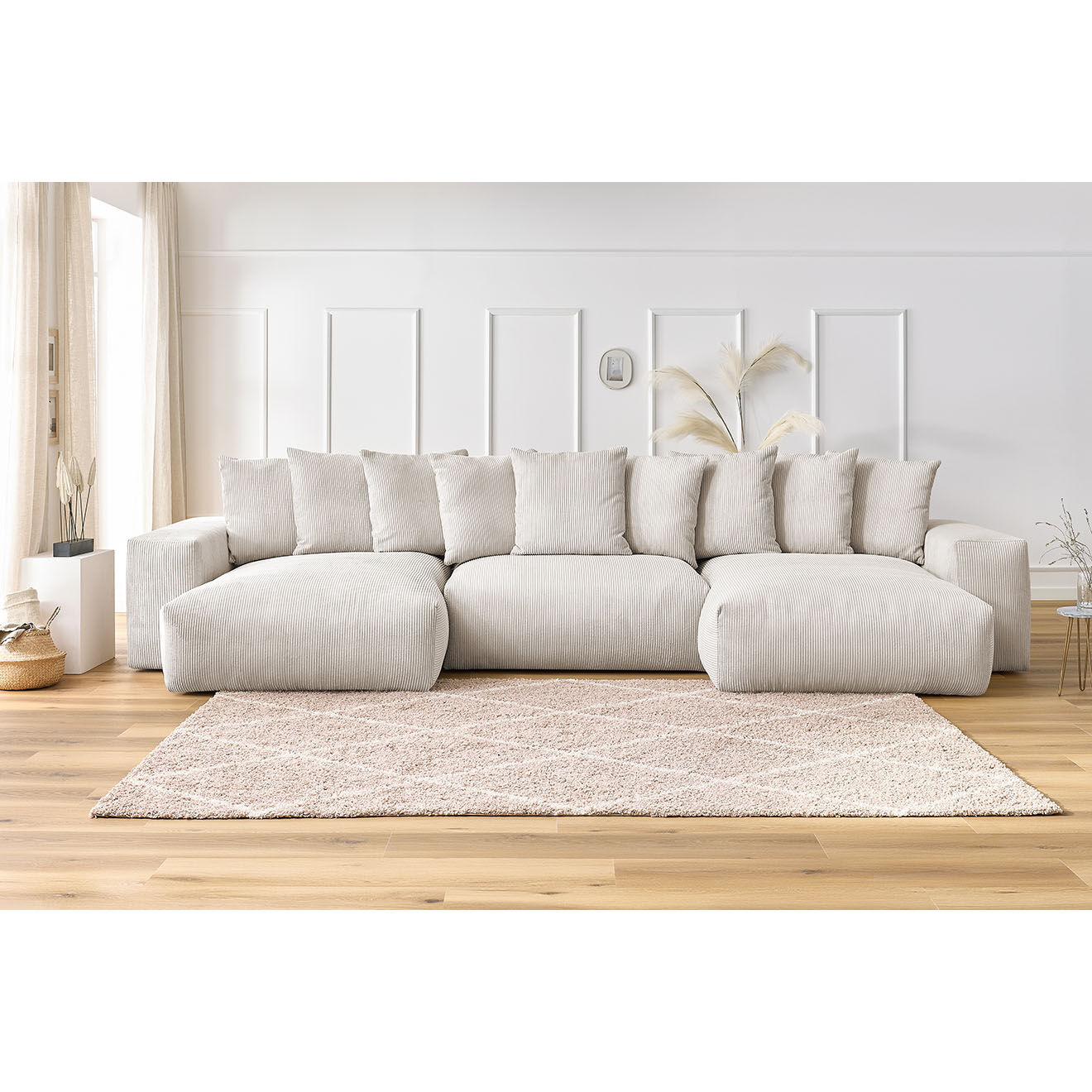 Bobochic Canapé panoramique fixe ultra moelleux voltaire velours côtelé beige - 420x174x75 cm