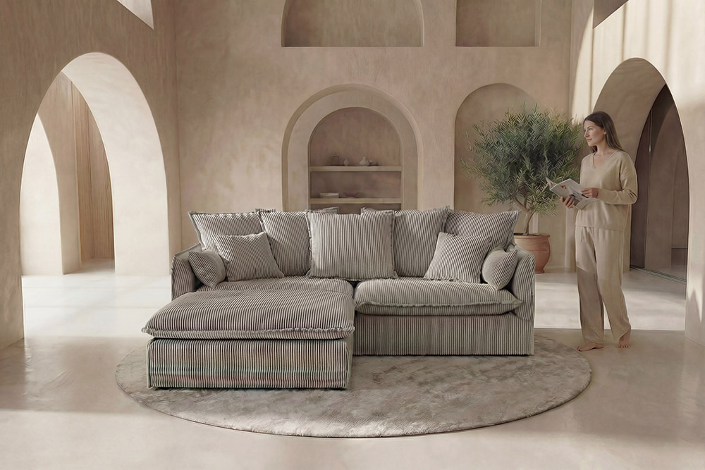 Großes 3-Sitzer Sofa HEAVEN 200cm hellgrau Cord Federkern Hussensofa abnehmbarer Bezug