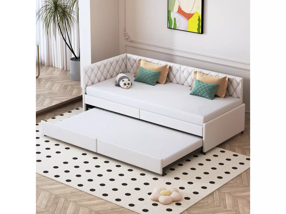 Lit gigogne 90x200cm - Canapé-lit rembourré, tissu en lin, avec sommier à lattes, sans matelas - Beige