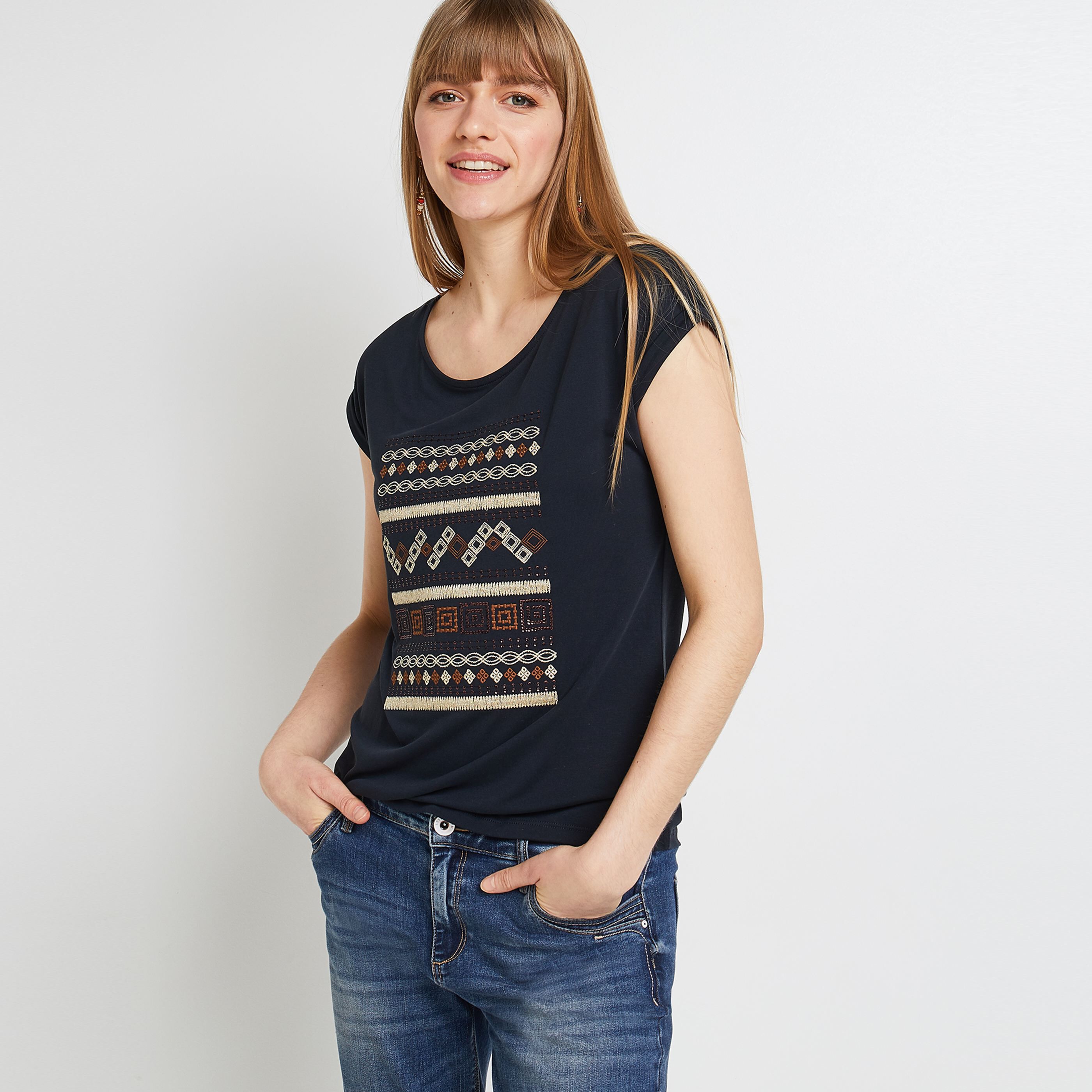 Tshirt brodé femme - GRIS FONCE