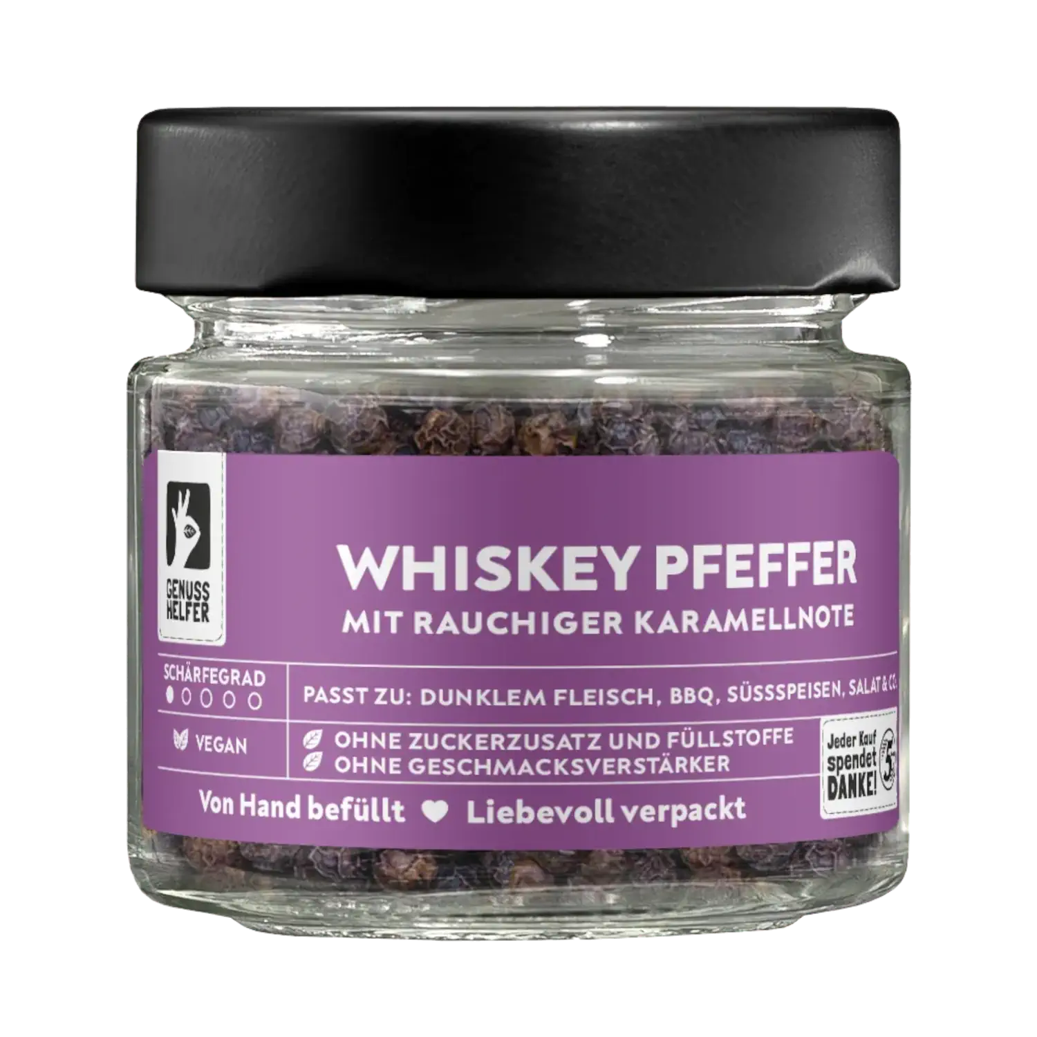 Whiskey Pfeffer, ganz, Tellicherry Pfeffer, im Glas