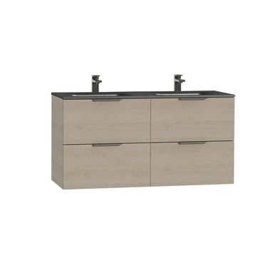 Tiger Studio badkamermeubel 120 cm naturel eiken met wastafel dubbel polybeton mat zwart greep rvs plat