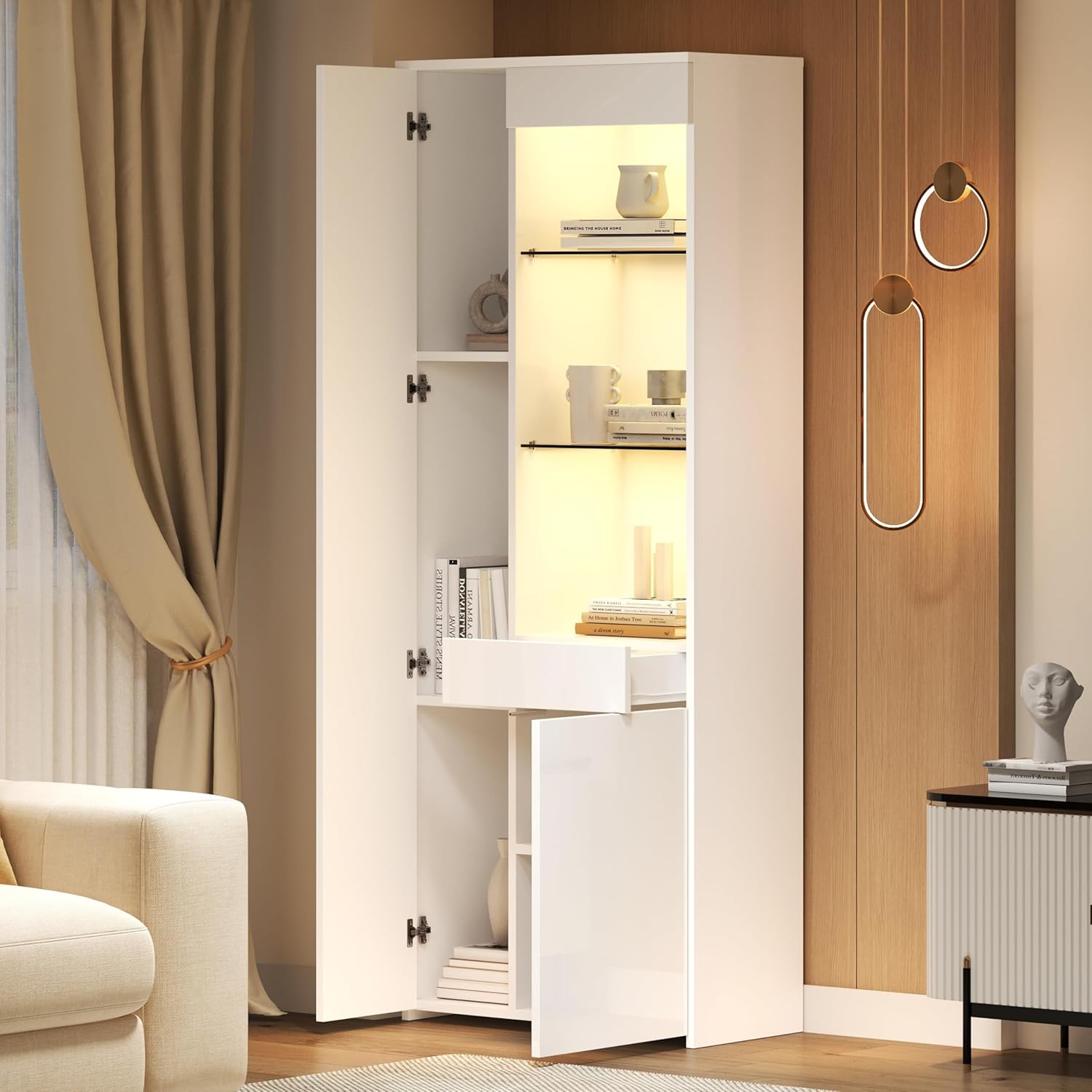 Merax Vitrinenschrank Glasvitrine Vitrine Schrank mit LED-Leuchte, Hochschrank Hochglanz Weiß mit 2 Schrank, Glasboden, Schubladen, Sammlervitrine Bücherregal Standvitrine für Wohnzimmer Büro, 180cm