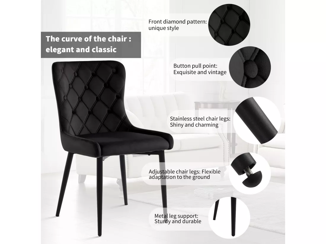 Lot de 6 Chaises en velours avec pieds en fer noir - Noir