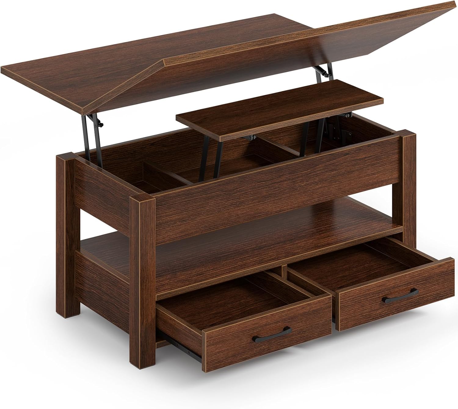 Rolanstar Couchtisch Höhenverstellbar, Wohnzimmertisch mit Schublade & verstecktem Fach, Kaffeetisch umwandelbar in Esstisch, 100 x 50 cm Sofatisch aus Holz, braun
