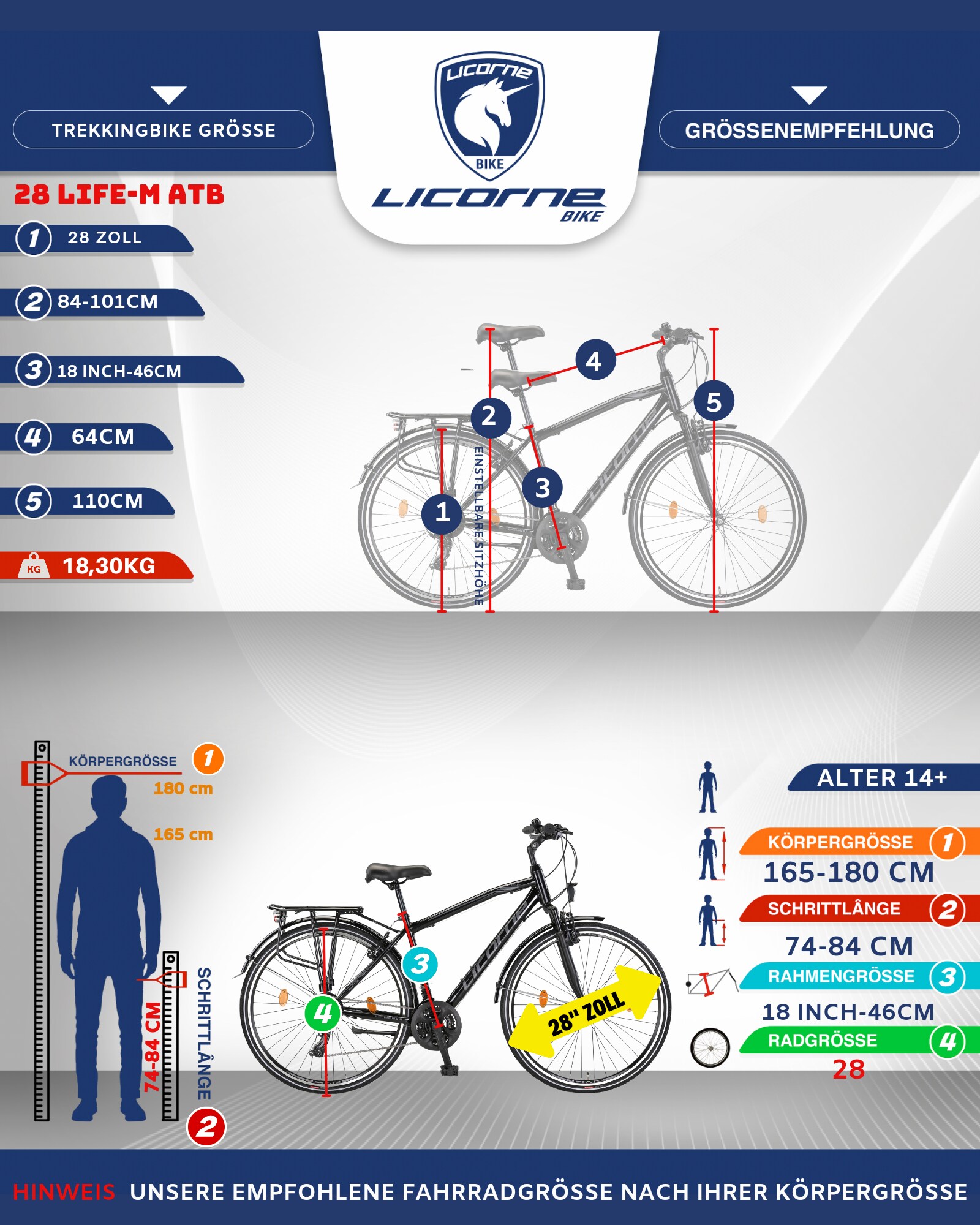 Licorne Bike Life M-V-ATBPremium Trekking Bike in 28 Zoll - Fahrrad für Herren, Jungen, Damen und Herren - Shimano 21 Gang-Schaltung - Herren Citybike - Männerfahrrad.