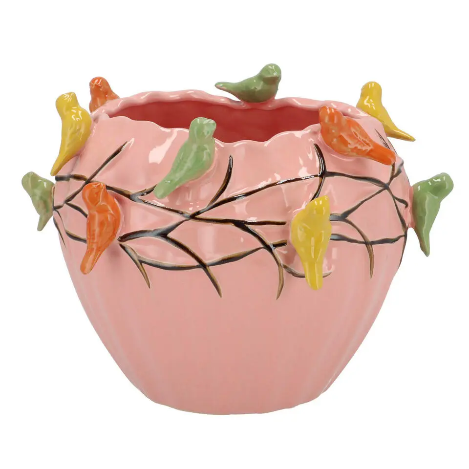 DK Design Bloempot/plantenpot Vogels - roze - D28 x H22 cm