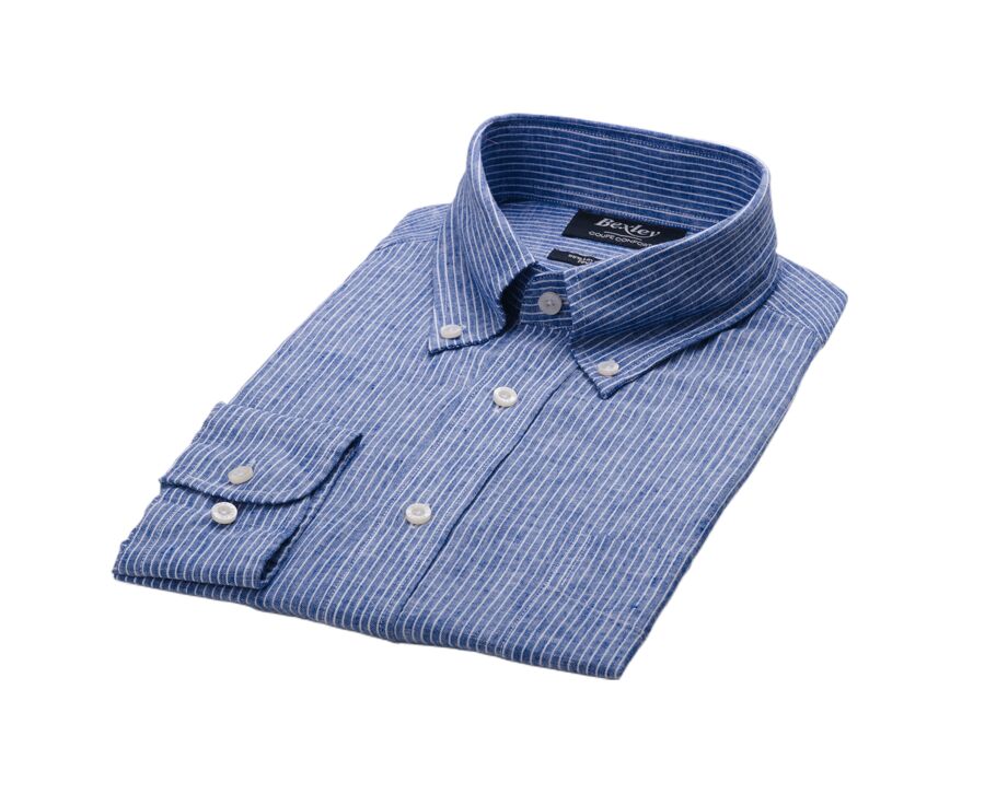Chemise manches longues coton et lin Chambray Bleu et liseré Blanc - COLTEN