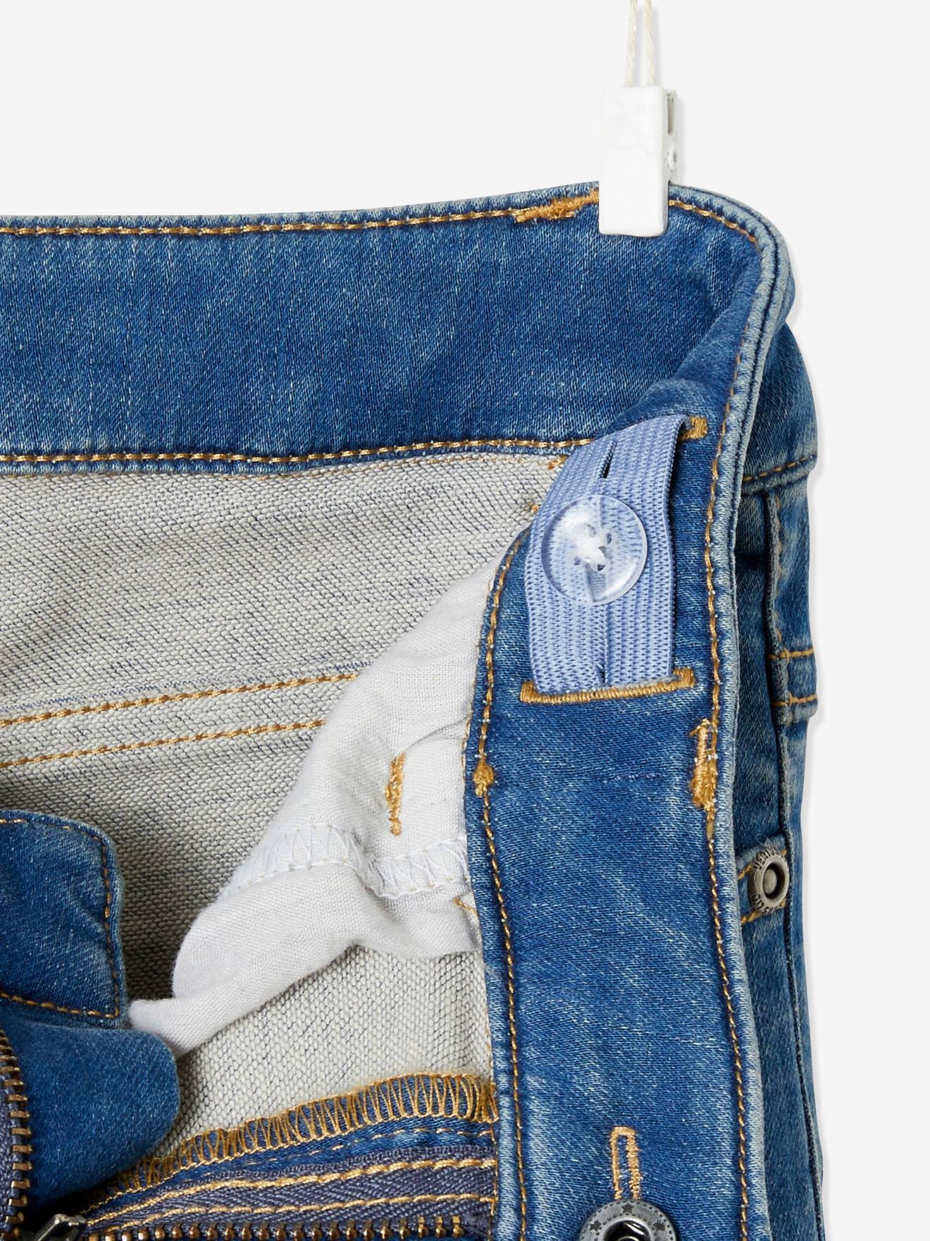 Calças curtas de moletom azul-escuro lavado para meninos, com efeito jeans, mangas que podem ser dobradas como bermudas.