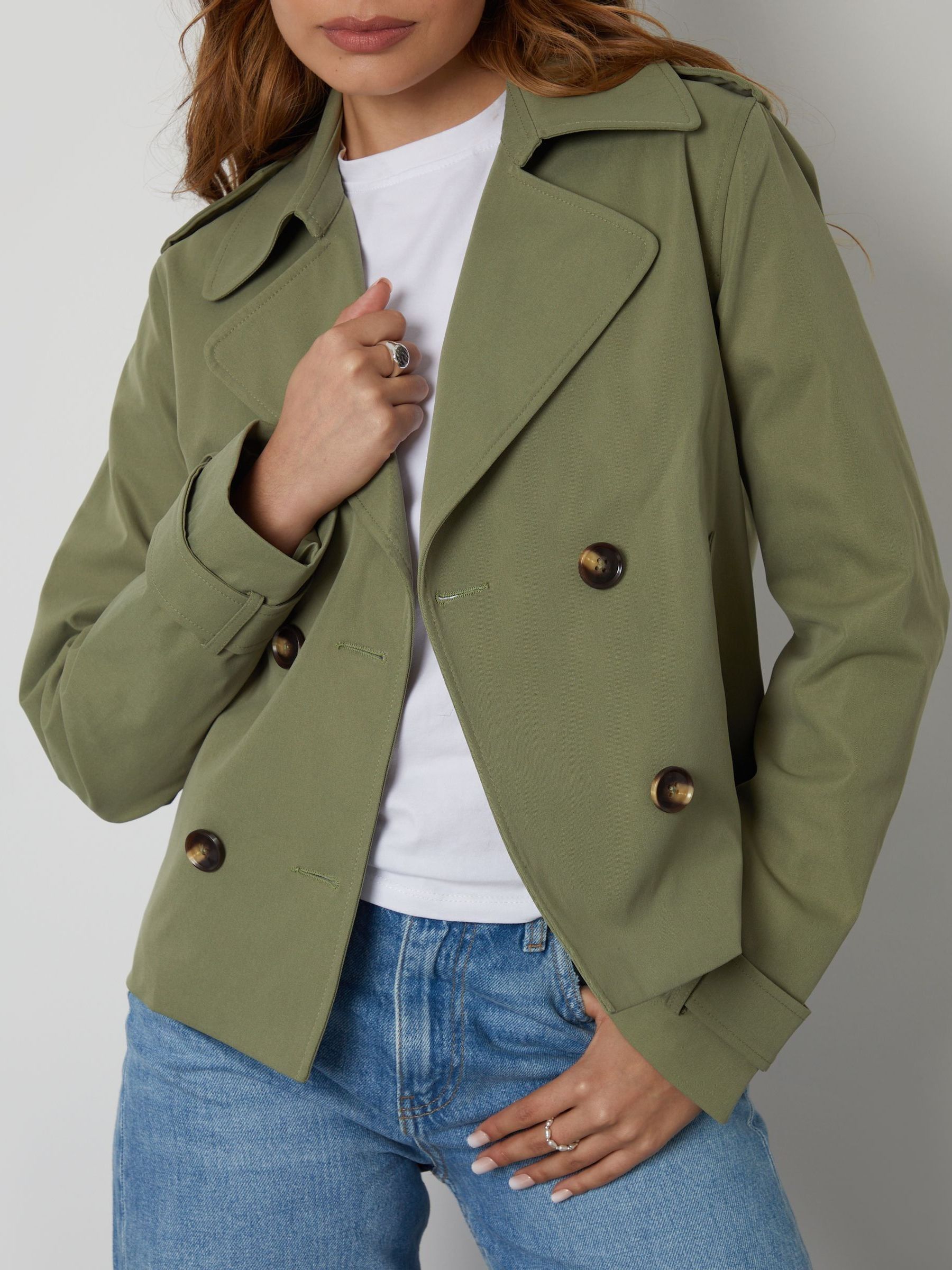 Groen - Threadbare cropped trenchcoat met dubbele rij knopen