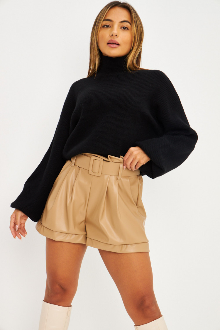 Short en simili cuir beige foncé