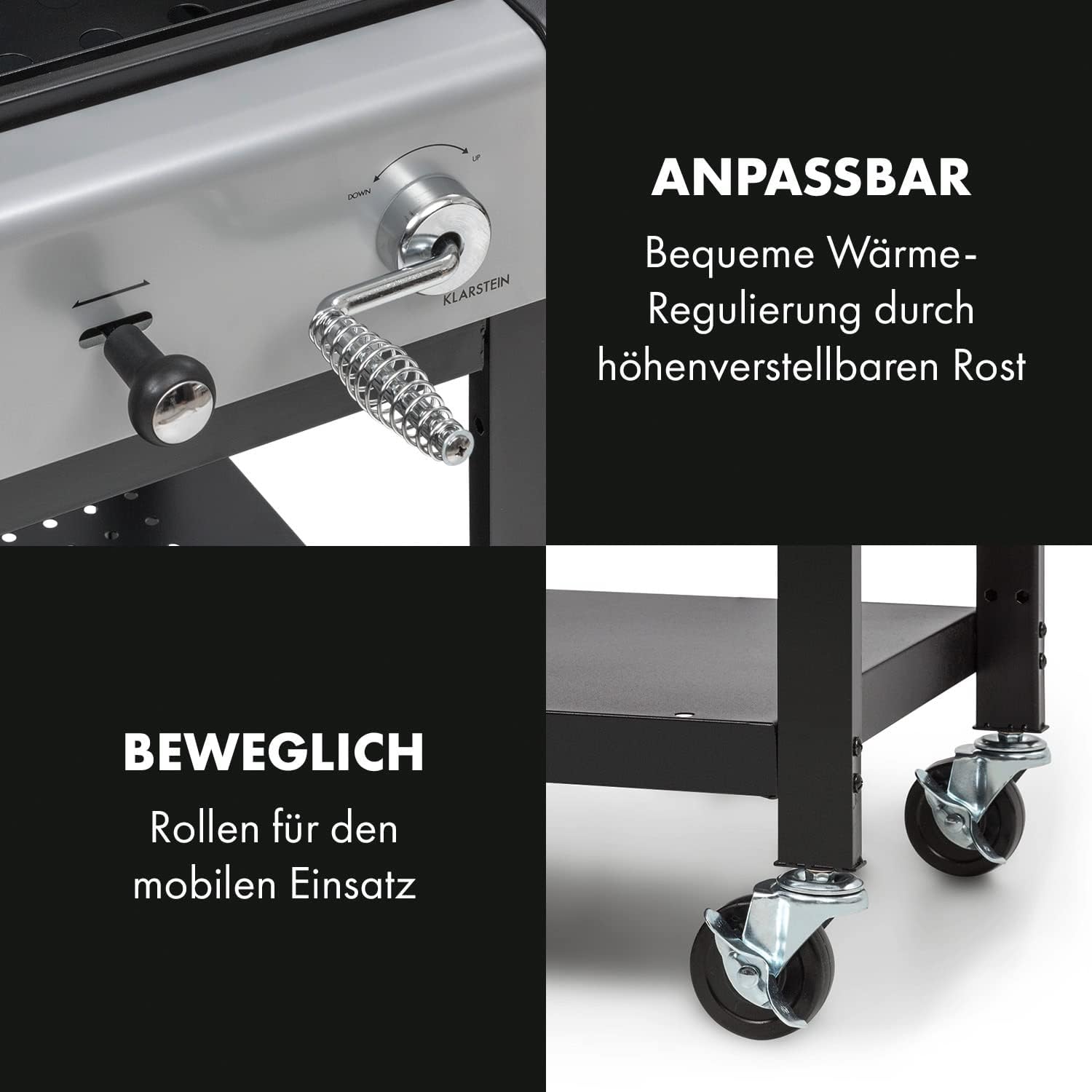 Klarstein Hot & Hot Kombigrill - 2in1-System: Gas-/Kohlegrill, 3 Edelstahlbrenner, Leistung: 8,5 kW, InstantReady Concept, für Gasflaschen bis 11 kg, Piezo-Zündung, pechschwarz