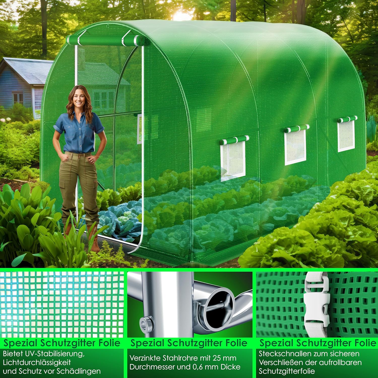 KESSER® Folien-Gewächshaus Stabil mit 6 Fenster mit Moskitonetz & Tür | Gartentunnel mit Rahmen aus verzinktem Stahl | Folientunnel 170g/m² inkl. Erdanker Handschuhen & Seilen | 200x300cm Grün